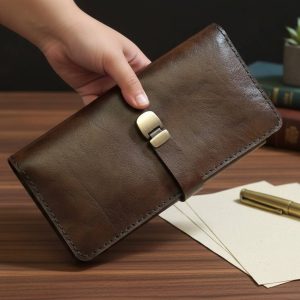 کیف پول چرم طبیعی قهوه‌ای دست‌دوز | نهال چرم